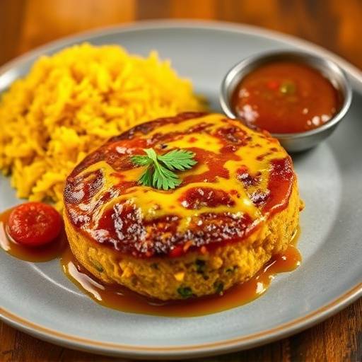 A beautifully presented plate of Bobotie with yellow rice and chutney
