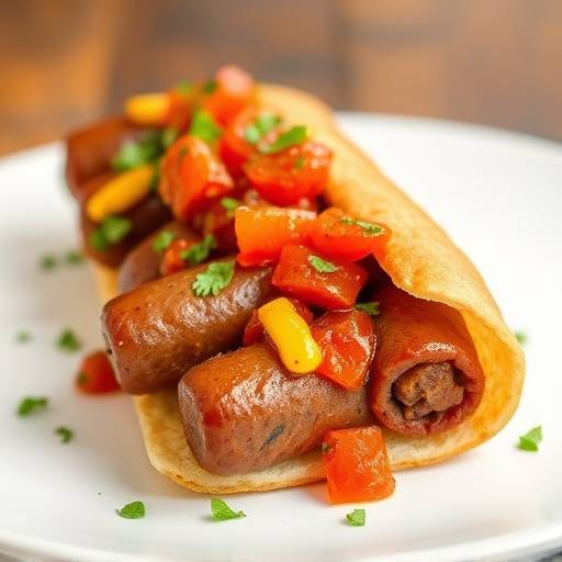 A beautifully styled Boerewors roll with tomato relish, mustard, and fresh herbs.