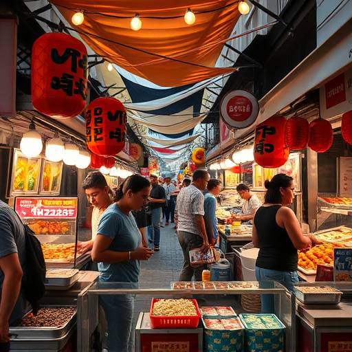 A bustling street food market scene with vendors selling various snacks and meals.