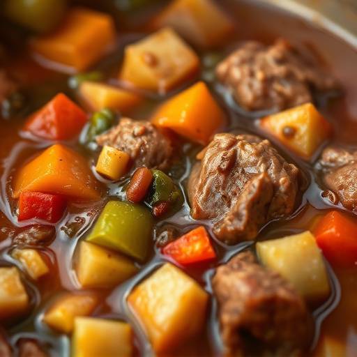 A close-up of a bubbling Potjiekos stew with various vegetables and meats visible