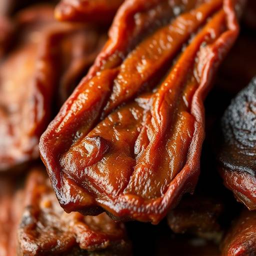 A close up of biltong, a cured and dried meat snack popular in South Africa.