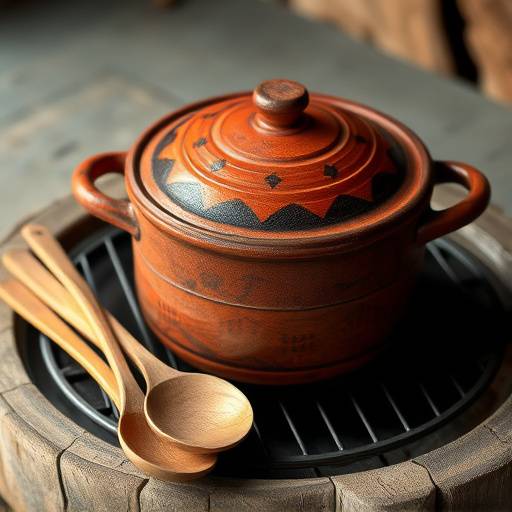 A collection of traditional South African cooking utensils, including a potjie pot, wooden spoons, and a braai grid
