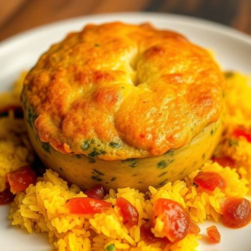 A delicious Bobotie dish served with yellow rice and chutney
