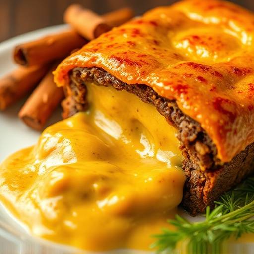 A delicious serving of Bobotie, a traditional South African dish made with spiced minced meat and a creamy egg custard topping.