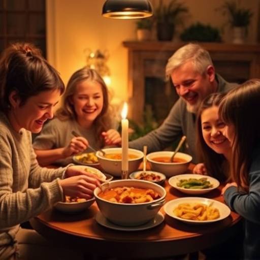 A family gathered around a table enjoying a large pot of stew and side dishes.