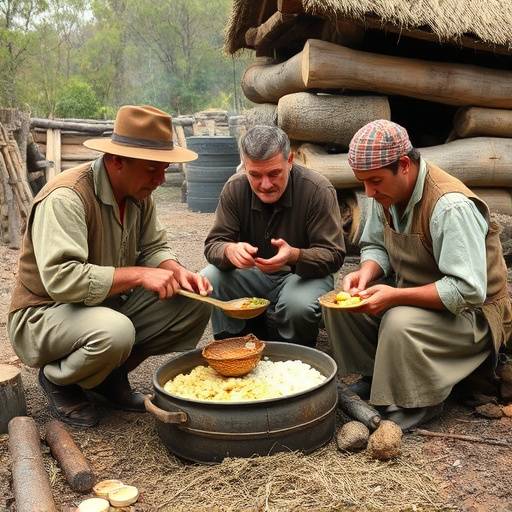 A historical image of early settlers preparing food in a traditional outdoor setting