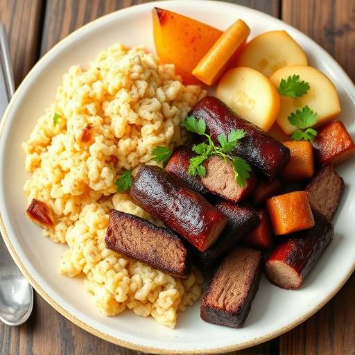 A spread of traditional South African dishes including biltong, boerewors, and mieliepap.