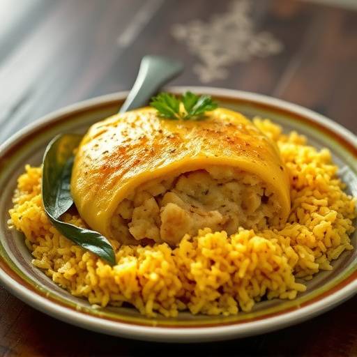 A steaming pot of Bobotie, a traditional South African dish, garnished with bay leaves and served with yellow rice.
