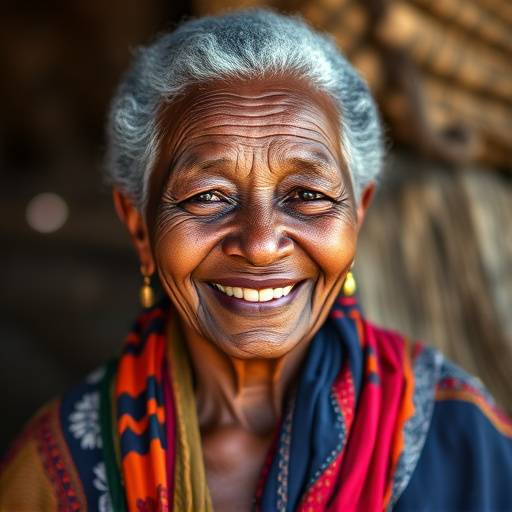 A warm and inviting portrait of Thandi, an elderly South African woman, smiling warmly.