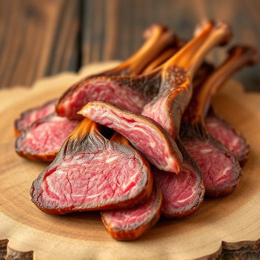 Biltong, sliced and arranged on a wooden board.