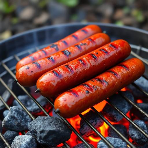 Boerewors sausage coiled on a grill, cooking over coals