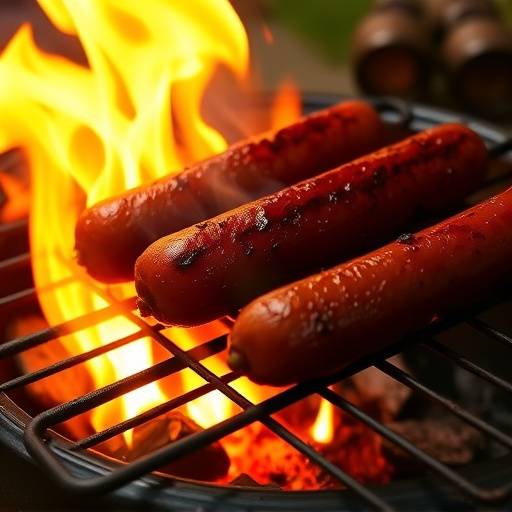 Boerewors sausages grilling over an open flame.