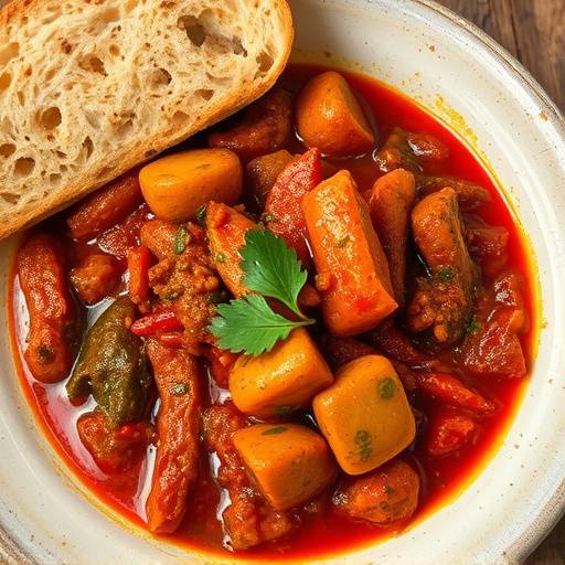 Chakalaka served in a bowl with bread on the side.
