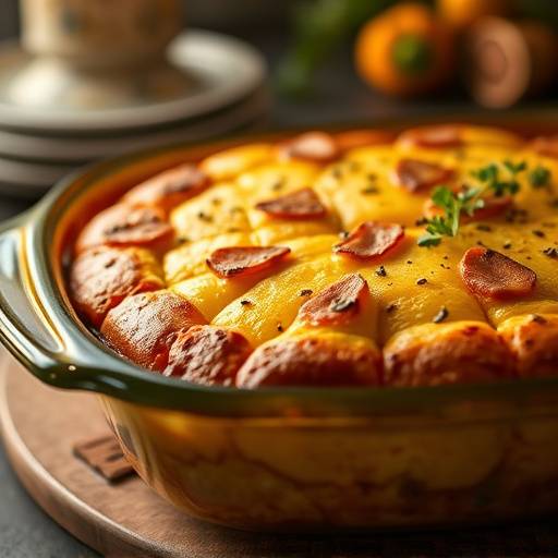Close-up of Bobotie being served from a baking dish