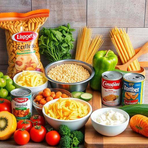 Illustration of various quick meal ingredients such as pasta, canned goods, and vegetables.