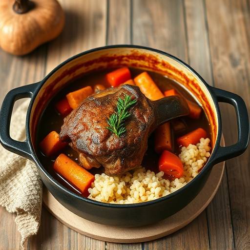 Oxtail stew simmering in a cast iron pot