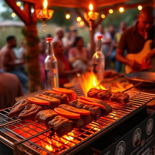 Shisa Nyama, a vibrant outdoor braai (barbecue) scene with various meats grilling.